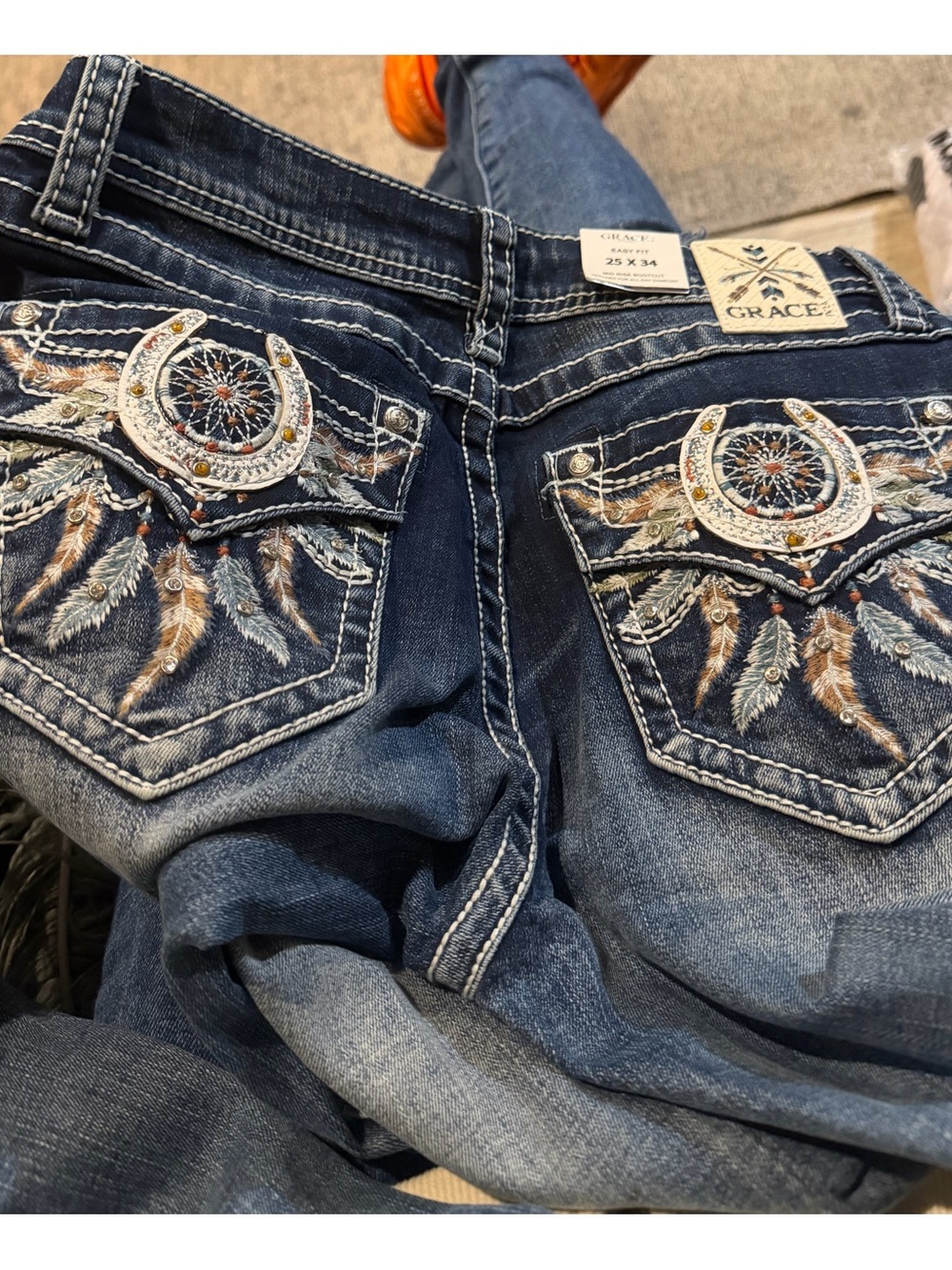 Grace in LA Blue Bootcut Jeans with Embroidered Dreamcatcher Pockets